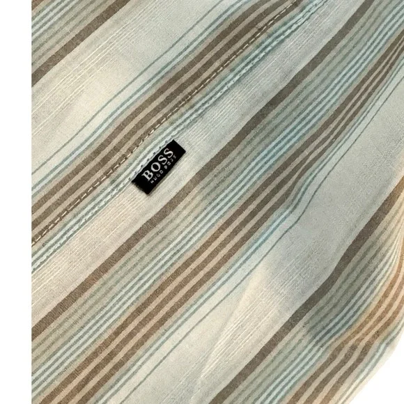 NWT HUGO BOSS Linen Blend Brown/Teal Striped Long Sleeve Shirt Men's XXL - Picture 6 of 9